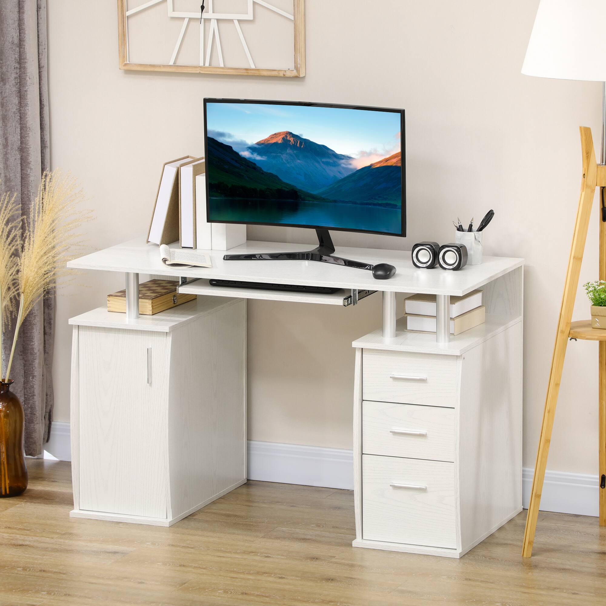 Angle. Homcom - 47" Computer Desk with Keyboard Tray and Storage Drawers, Home Office Workstation Table with Storage Shelves - White.