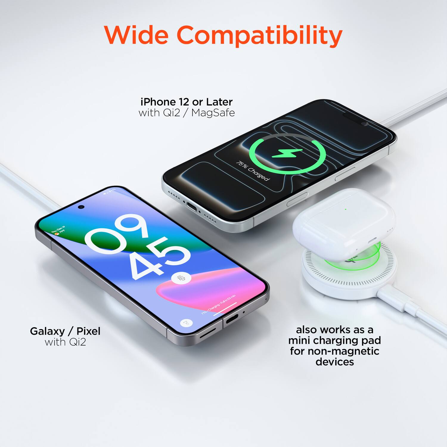 Wide Compatibility

iPhone 12 or Later with Qi2 / MagSafe  
75% Charged

Galaxy / Pixel with Qi2

also works as a mini charging pad for non-magnetic devices
