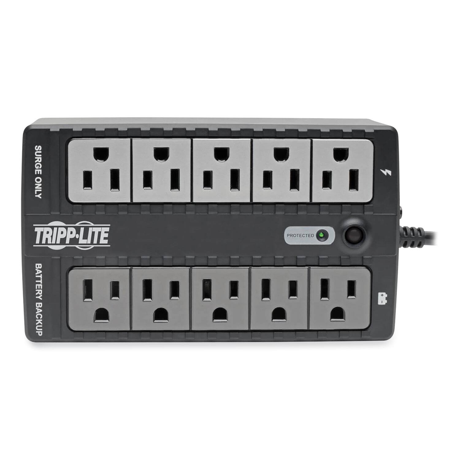 The corrected text is: "SURGE ONLY WITH TRIPP-LITE BATTERY BACKUP PROTECTED."