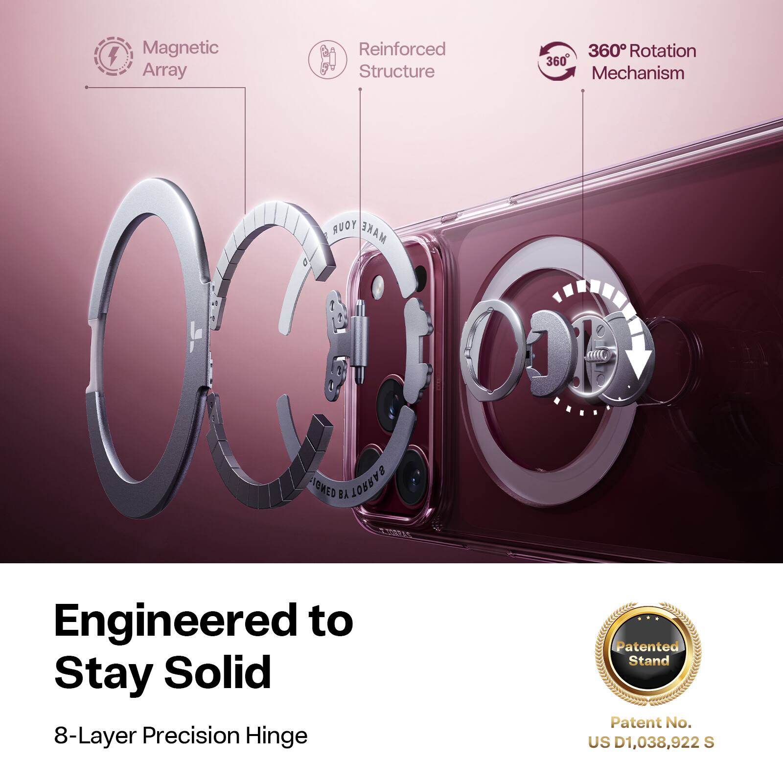 Magnetic Reinforced 360 Rotation 360 Array Structure Mechanism

Engineered to Stay Solid

8-Layer Precision Hinge

Patented Stand

Patent No. US D1,038,922 S