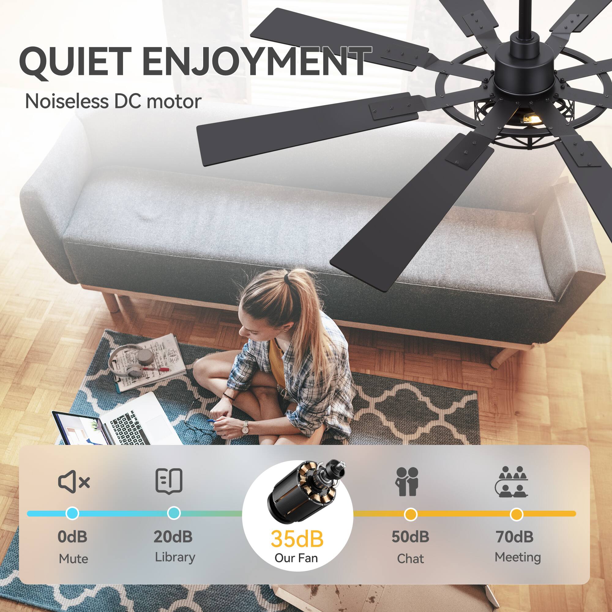 QUIET ENJOYMENT  
Noiseless DC motor  

0dB Mute  
20dB Library  
35dB Our Fan  
50dB Chat  
70dB Meeting