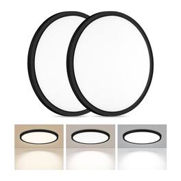 Unique Bargains - 2pcs LED Flush Mount Ceiling Light 24W Ultra Thin Round White Lamp 3000K/4000K/6500K 3 Color Temperatures 12Inch - Black