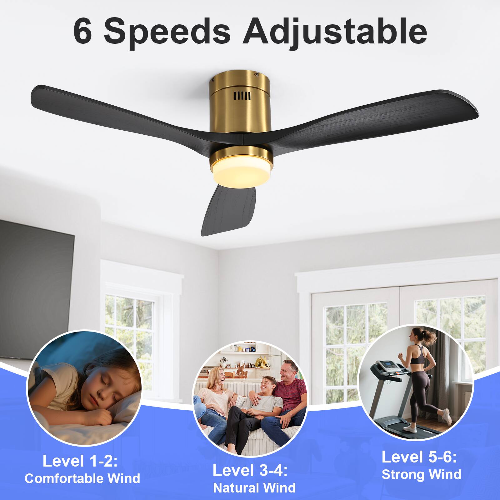 6 Speeds Adjustable

Level 1-2: Comfortable Wind  
Level 3-4: Natural Wind  
Level 5-6: Strong Wind