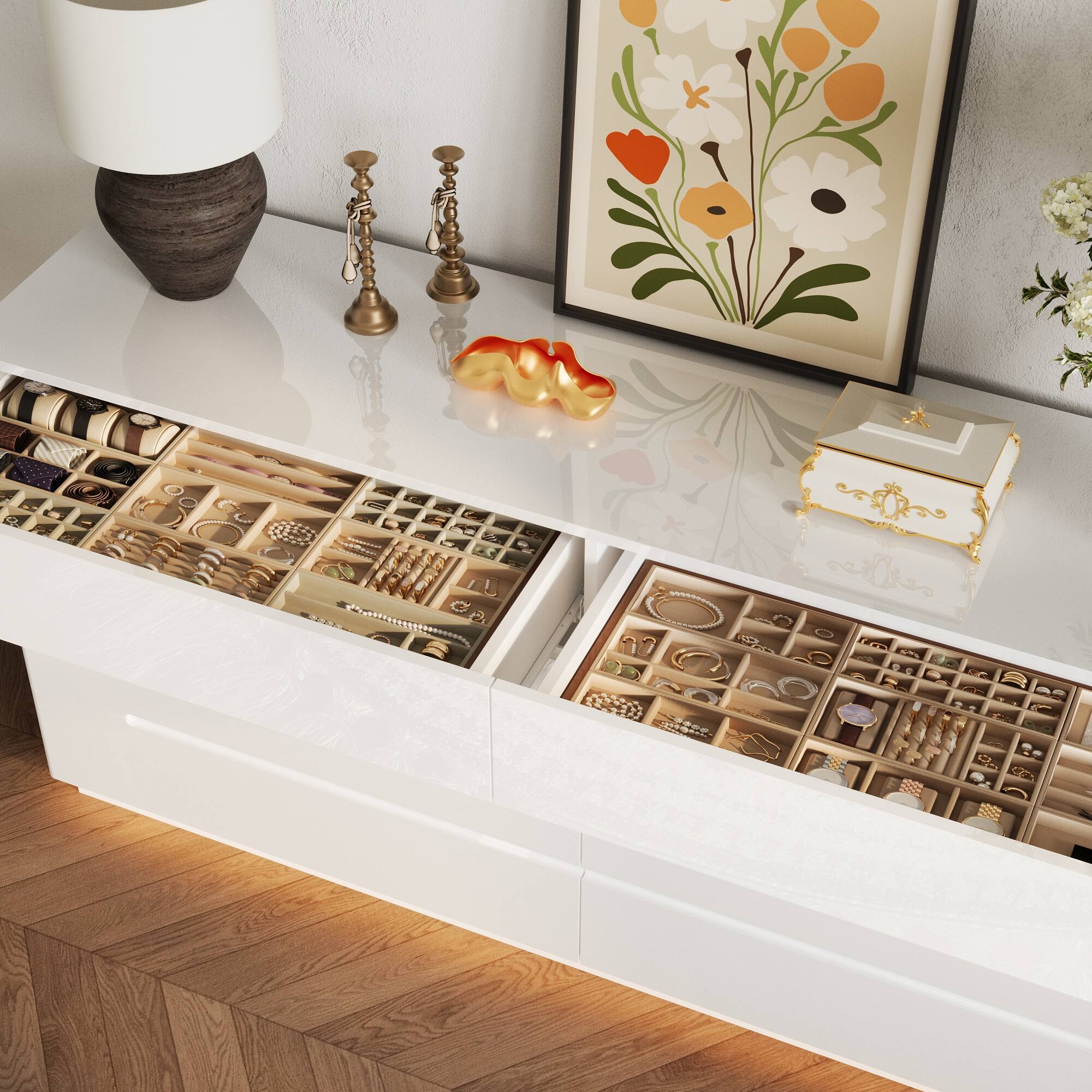 Back. Famapy - Famapy Horizontal Dresser: High - Gloss Finish & Spacious Storage for Modern Spaces - White.