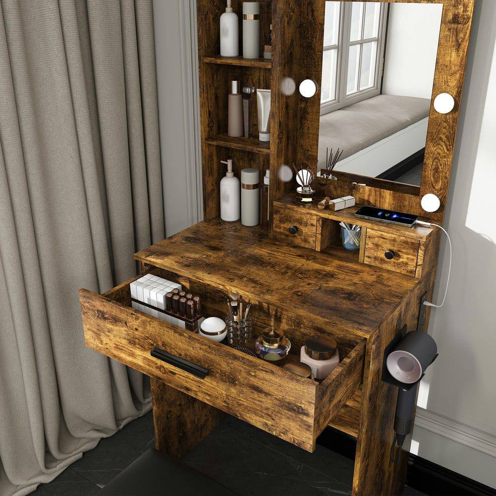 Alt View 7. Kadyn - Adjustable LED Mirror Vanity Desk with Power Outlet and Stool - Vintage - Brown.