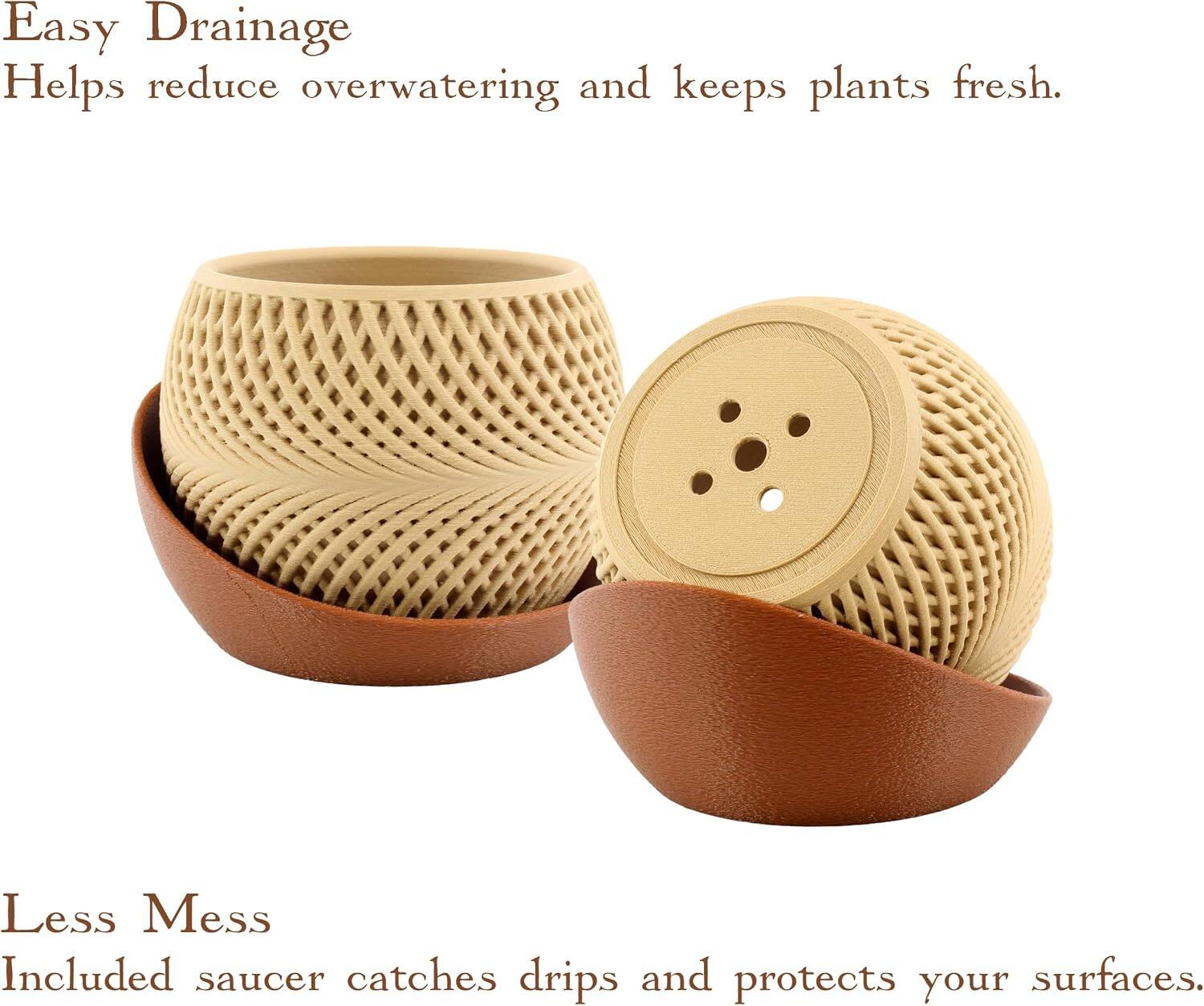 Easy Drainage  
Helps reduce overwatering and keeps plants fresh.

Less Mess  
Included saucer catches drips and protects your surfaces.