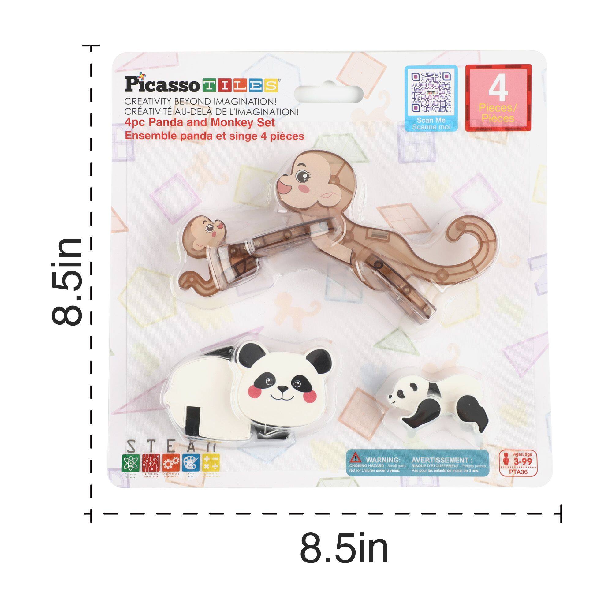 Picasso TILES  
CREATIVITY BEYOND IMAGINATION!  
CRÉATIVITÉ AU-DELÀ DE L'IMAGINATION!  

4pc Panda and Monkey Set  
Ensemble panda et singe 4 pièces  

Scan Me  
Scanne moi  

4 Pieces/ Pièces  

8.5in  

STEAM  

WARNING  
AVERTISSEMENT  
CHOKING HAZARD - Small parts. Not for children under 3 years.  
Peligro de asfixia - Piezas pequeñas. No es para niños menores de 3 años.  
PTA36  

Age/Rége: 3-99