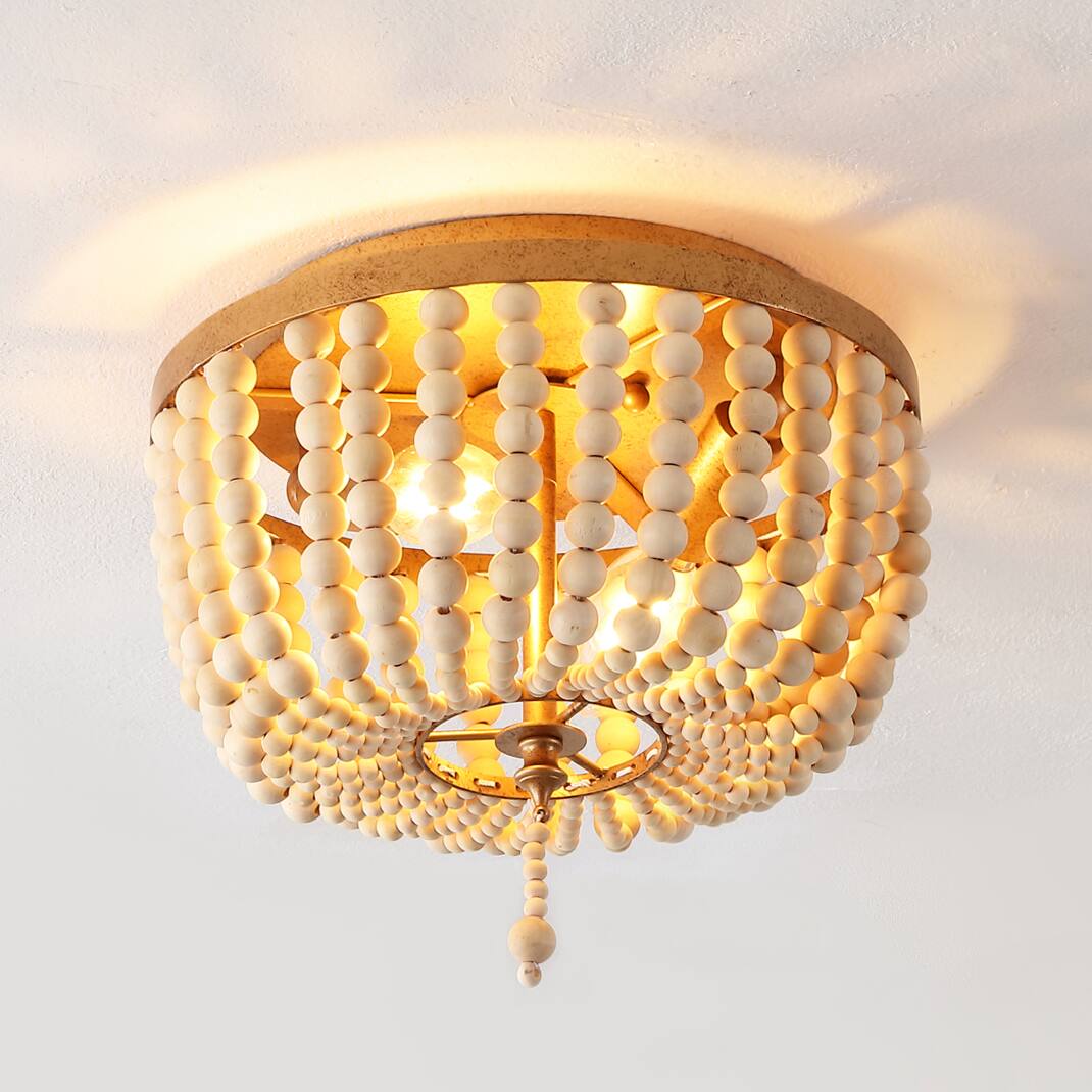 Alt View 1. Jonathan Y - Allison 10" 2-Light Shabby Chic Farmhouse Wood Beaded/Metal LED Flush Mount, Antique Gold/Cream - Antique Gold/Cream.