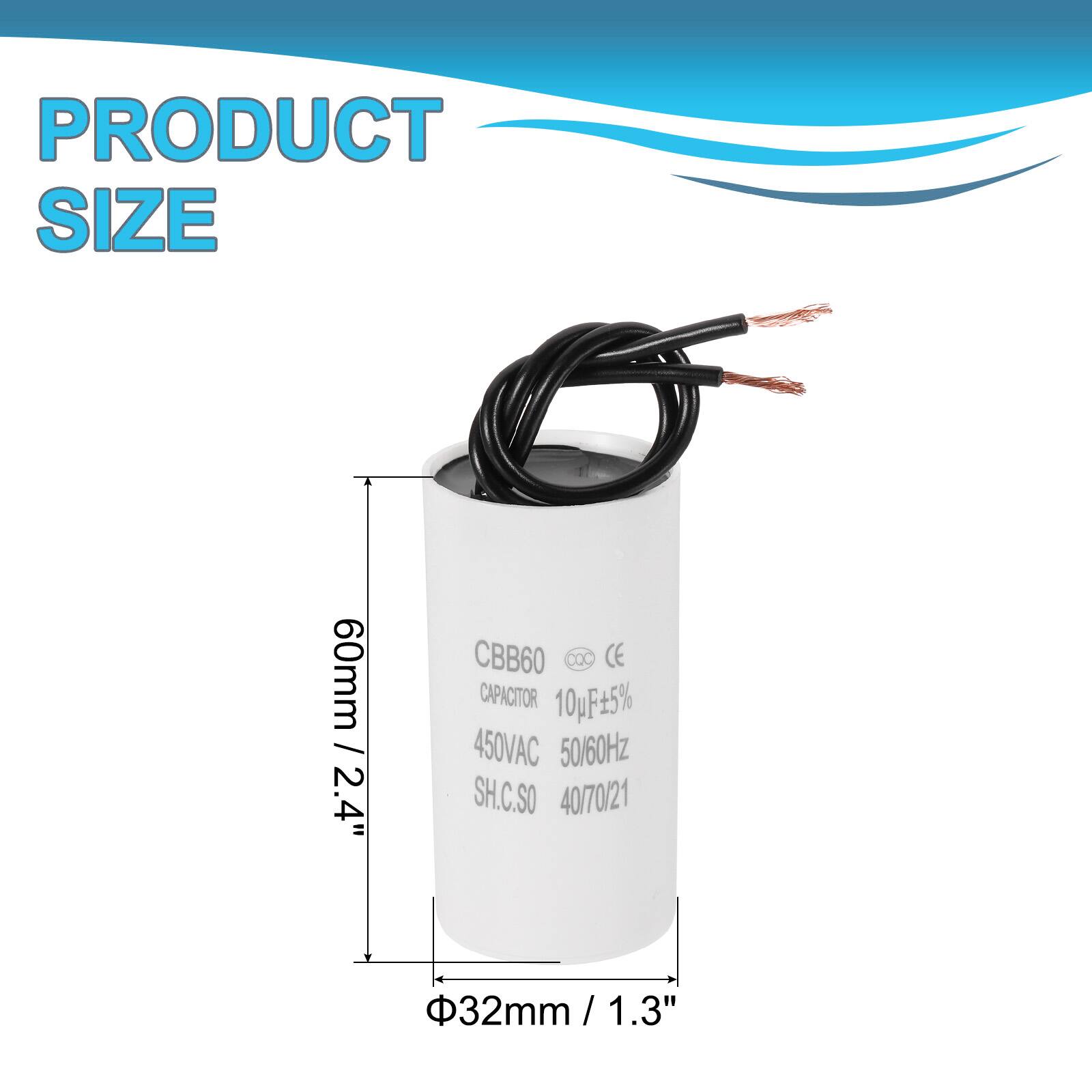 PRODUCT SIZE  
60mm / 2.4"  
CBB60 DQC CE CAPACITOR  
10pF 5%  
450VAC  
50/60Hz  
SH.C.SO  
40/70/21  
32mm / 1.3" / 1.3"