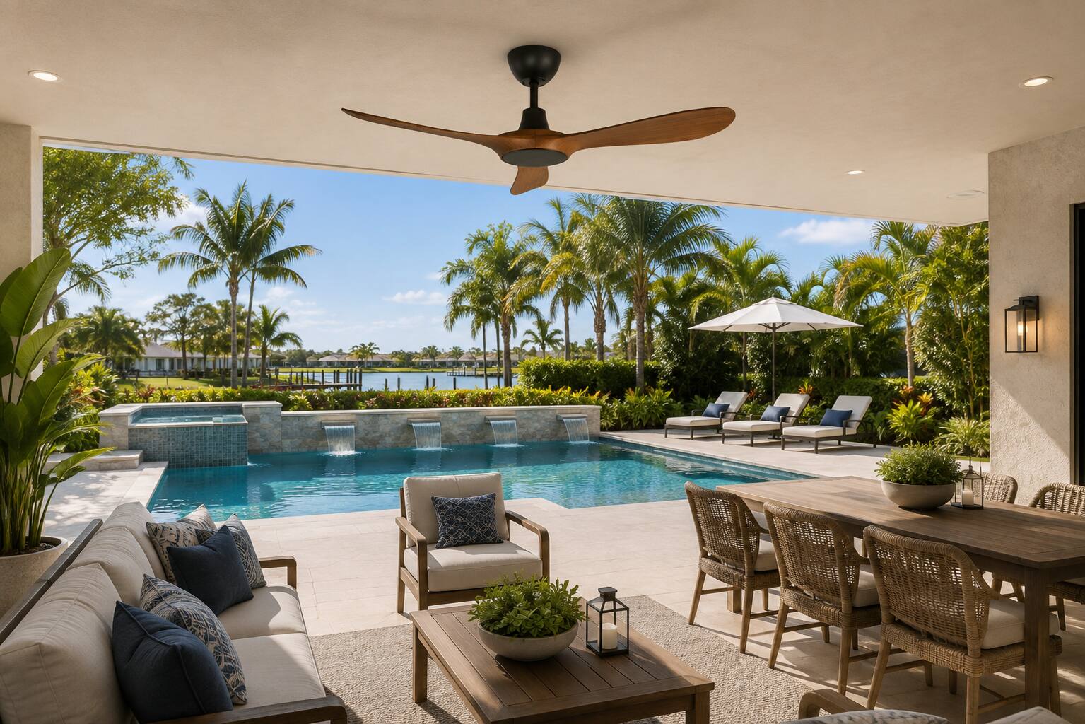 Alt View 9. ENLIGHT - 56" Smart Ceiling Fan, IP66 Outdoor & Coastal, Weather Resist, Efficient & Quiet DC Motor, Reverse Mode, Matter, 3 Blade - Teak Woodgrain.