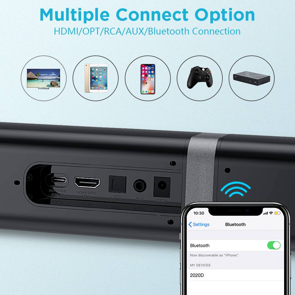 Multiple Connect Option  
HDMI/OPT/RCA/AUX/Bluetooth Connection  

SERVICE ONLY  
HDMI ARC (TV)  
OPT  
AUX  
DCN  
PCIL  

Bluetooth  
Now discoverable as "iPhone"  
MY DEVICES  
2020D