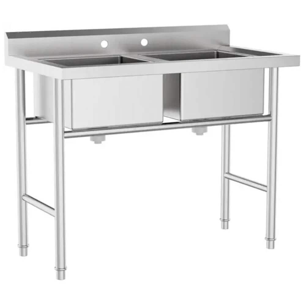 Winado - Commercial Stainless Steel Utility & Prep Sink with Backsplash & 2 Compartment & Adjustable Legs for Kitchen, Restaurant - Silver