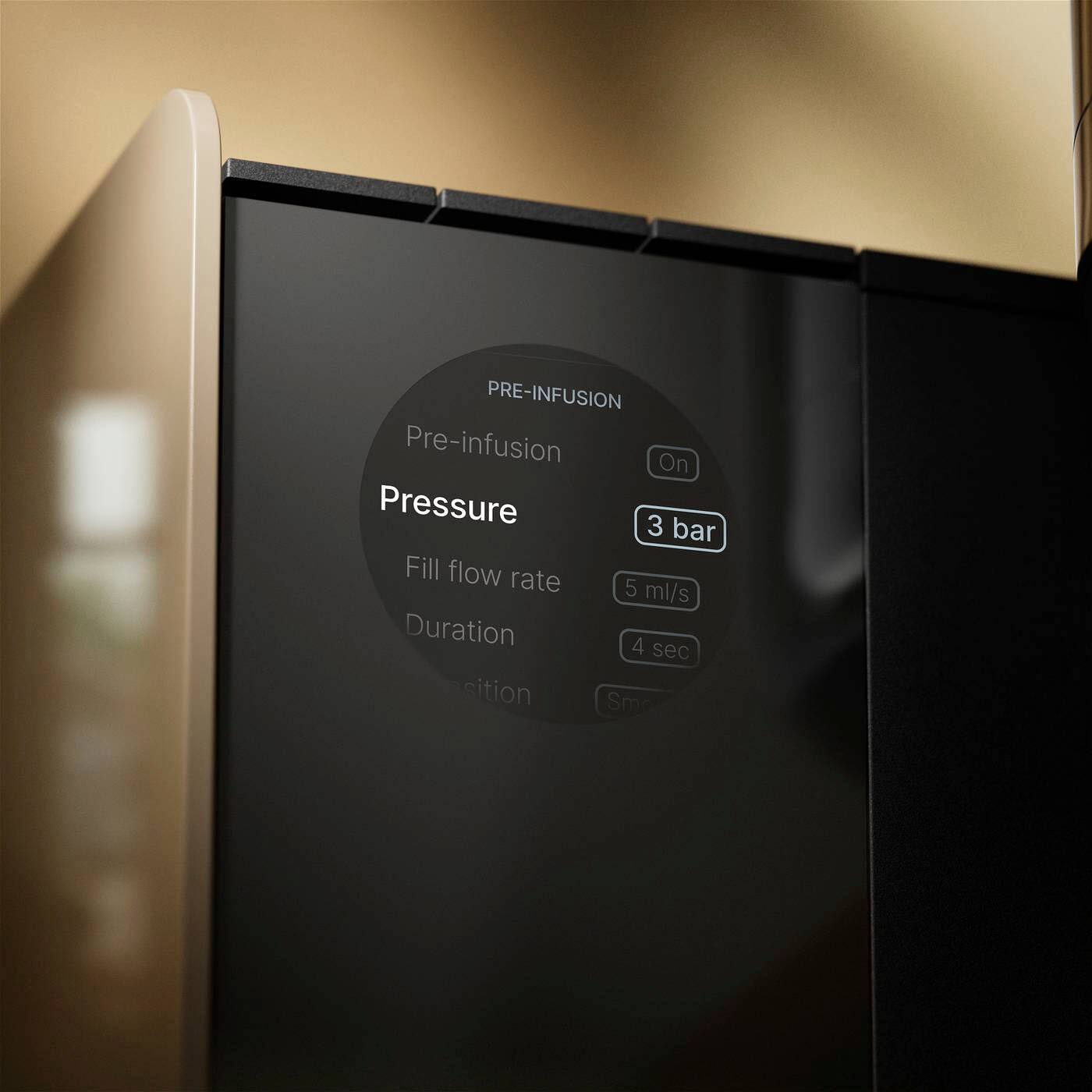 PRE-INFUSION  
Pre-infusion On  
Pressure 3 bar  
Fill flow rate 5 ml/s  
Duration 4 sec  
Transition Smo