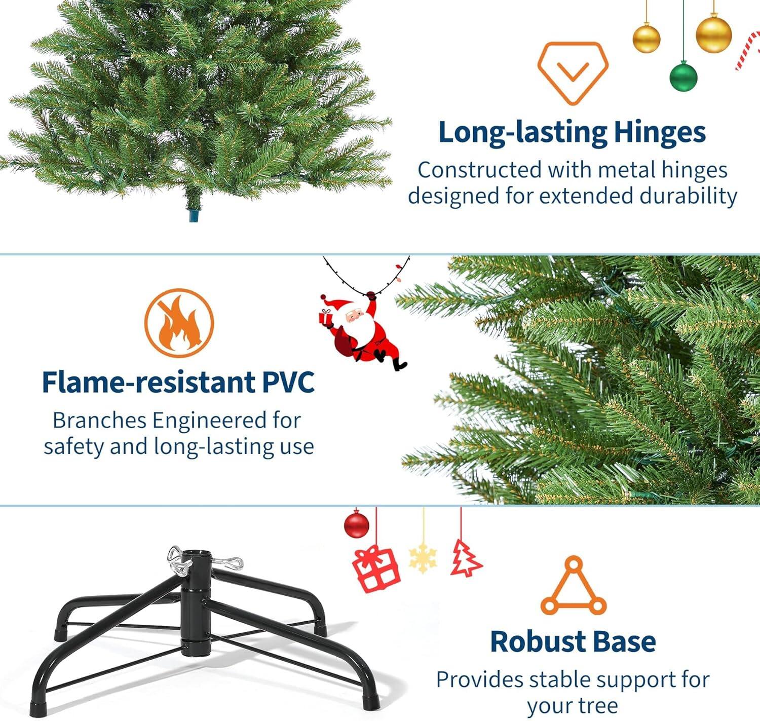 - Long-lasting Hinges  
  Constructed with metal hinges designed for extended durability

- Flame-resistant PVC  
  Branches Engineered for safety and long-lasting use

- Robust Base  
  Provides stable support for your tree