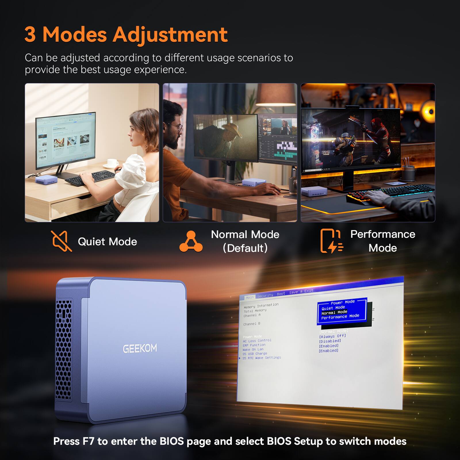 3 Modes Adjustment  
Can be adjusted according to different usage scenarios to provide the best usage experience.  

Quiet Mode  
Normal Mode (Default)  
Performance Mode  

Press F7 to enter the BIOS page and select BIOS Setup to switch modes.