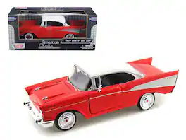 1957 Chevrolet Bel Air Red with White Top 1/24 Diecast Model Car by Motormax - Red, White
