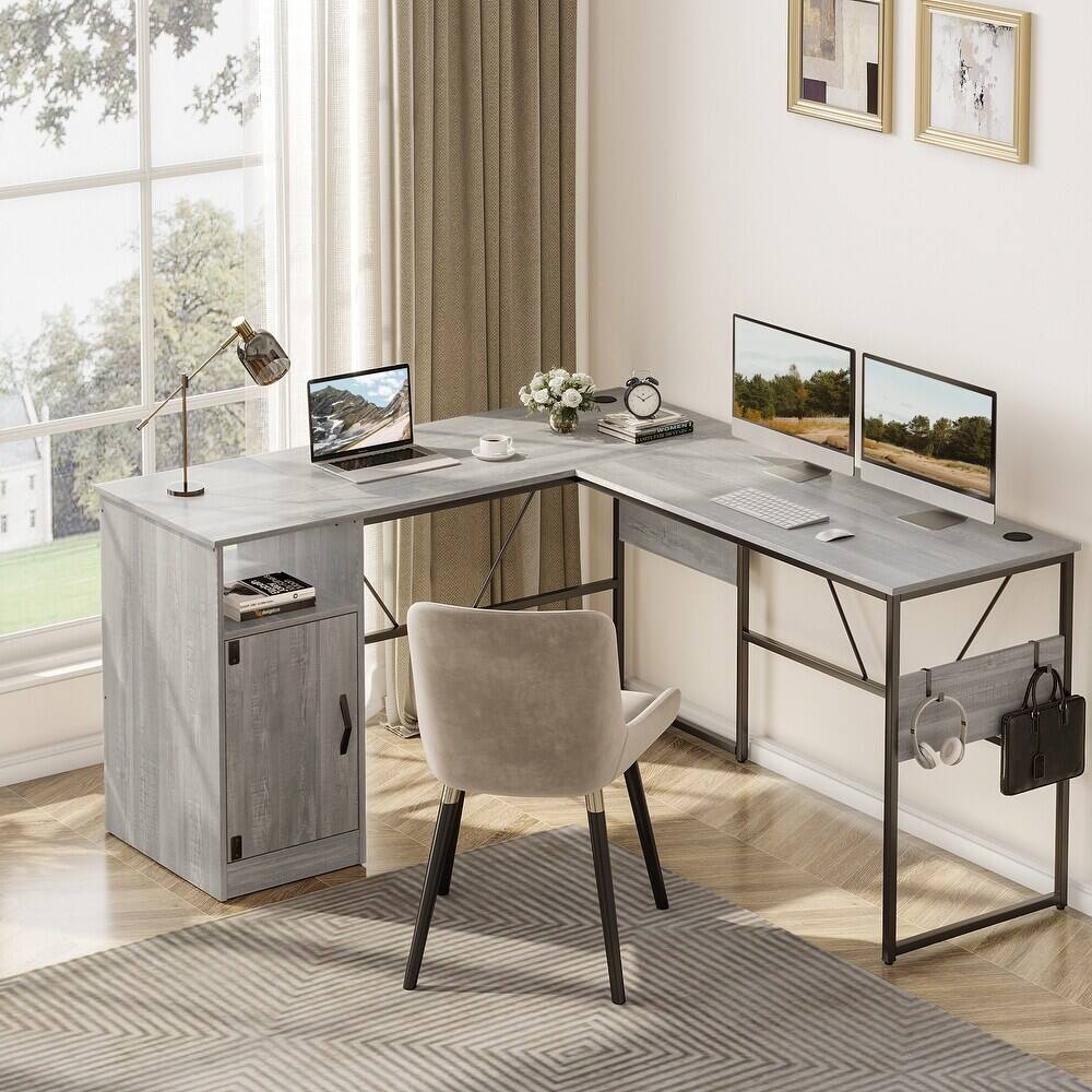 Angle. Bestier - L-Shaped Computer Desk with Storage Cabinet - 60" Wide - White.