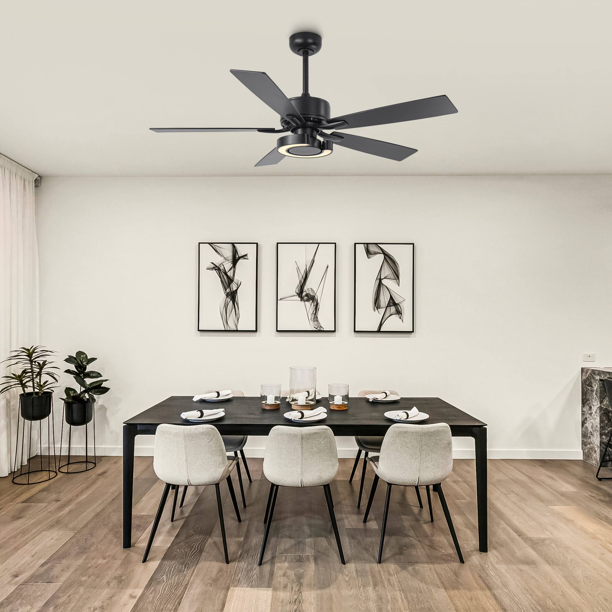 Left. Parrot Uncle - 52" Modern Intergatred LED Reversible Black Ceiling Fan with Light and Remote - Black.