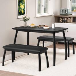 Homhougo - Dining Table Set for 4, 3-Piece Wooden Kitchen Table with 2 Upholstered Benches, Space-Saving Dinette Set - Black