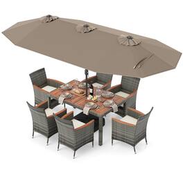Gymax - 8-Piece Patio Dining Set w/ Double-Sided Market Umbrella Acacia Wood Top Tan - Brown