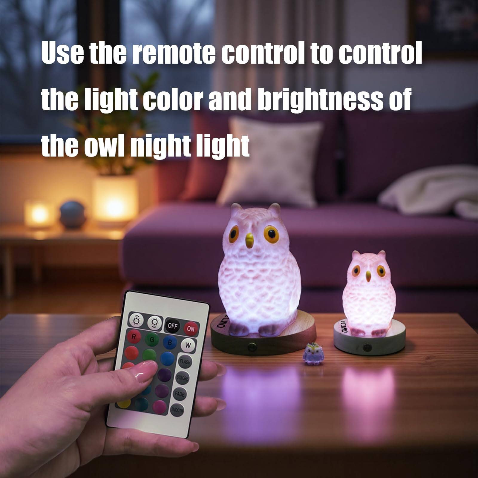 Use the remote control to control the light color and brightness of the owl night light.