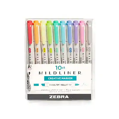Mildliner Creative Marker
10 ct
Chisel Tip - Bullet Tip
Double Ended
Water Resistant
Zebra
