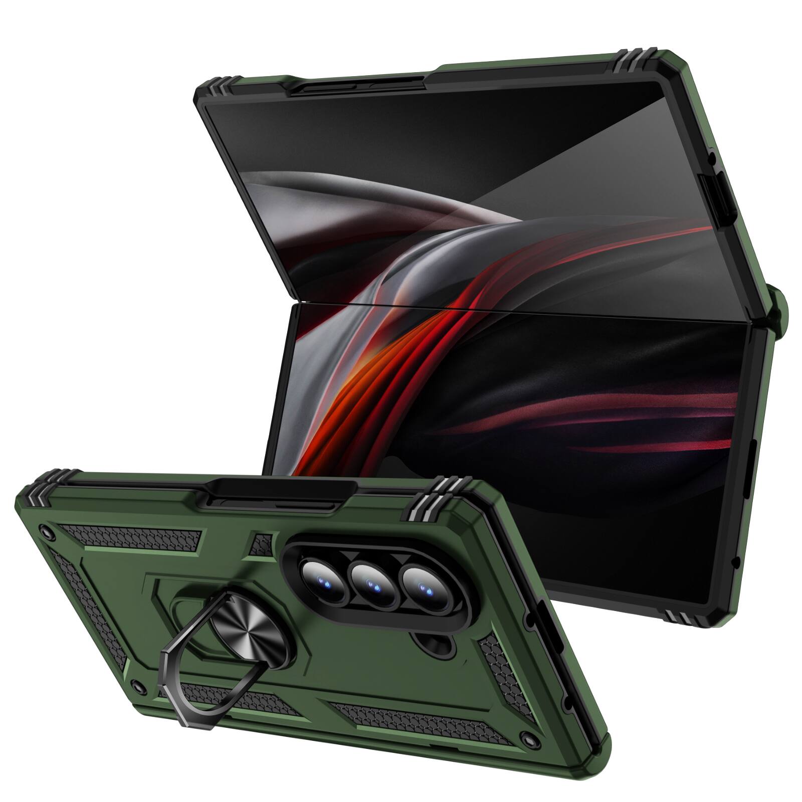 Angle. Dteck - For Samsung Galaxy Z Fold 8 Ultra, Magnetic Car Mount Ring Kickstand Hinge Protection Hard PC+TPU Cover - Armygreen.