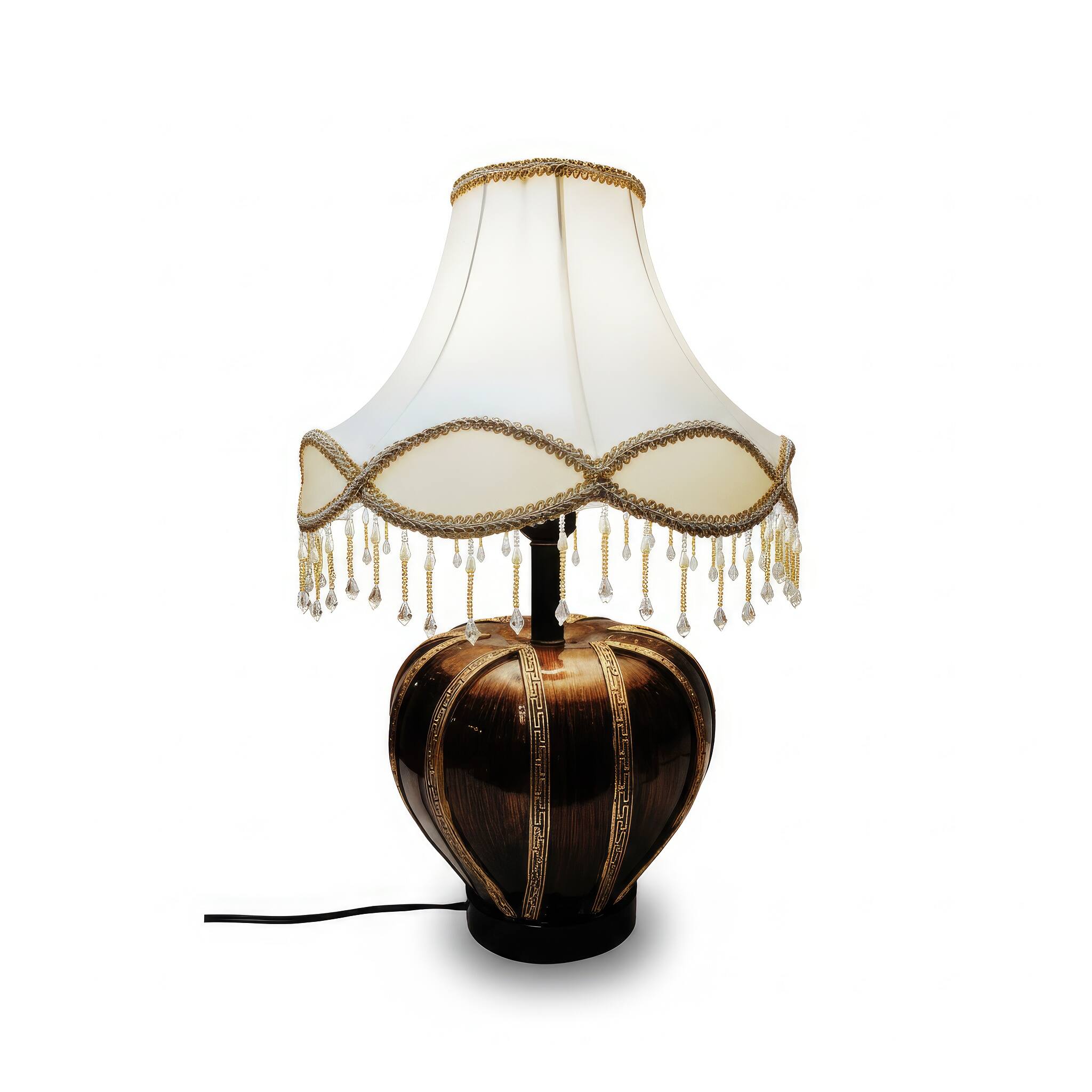 Angle. FC Design - 22"H Brown Glossy Vase w/ Gold Panel & Faux Crystal Fringe Shade Table Lamp.