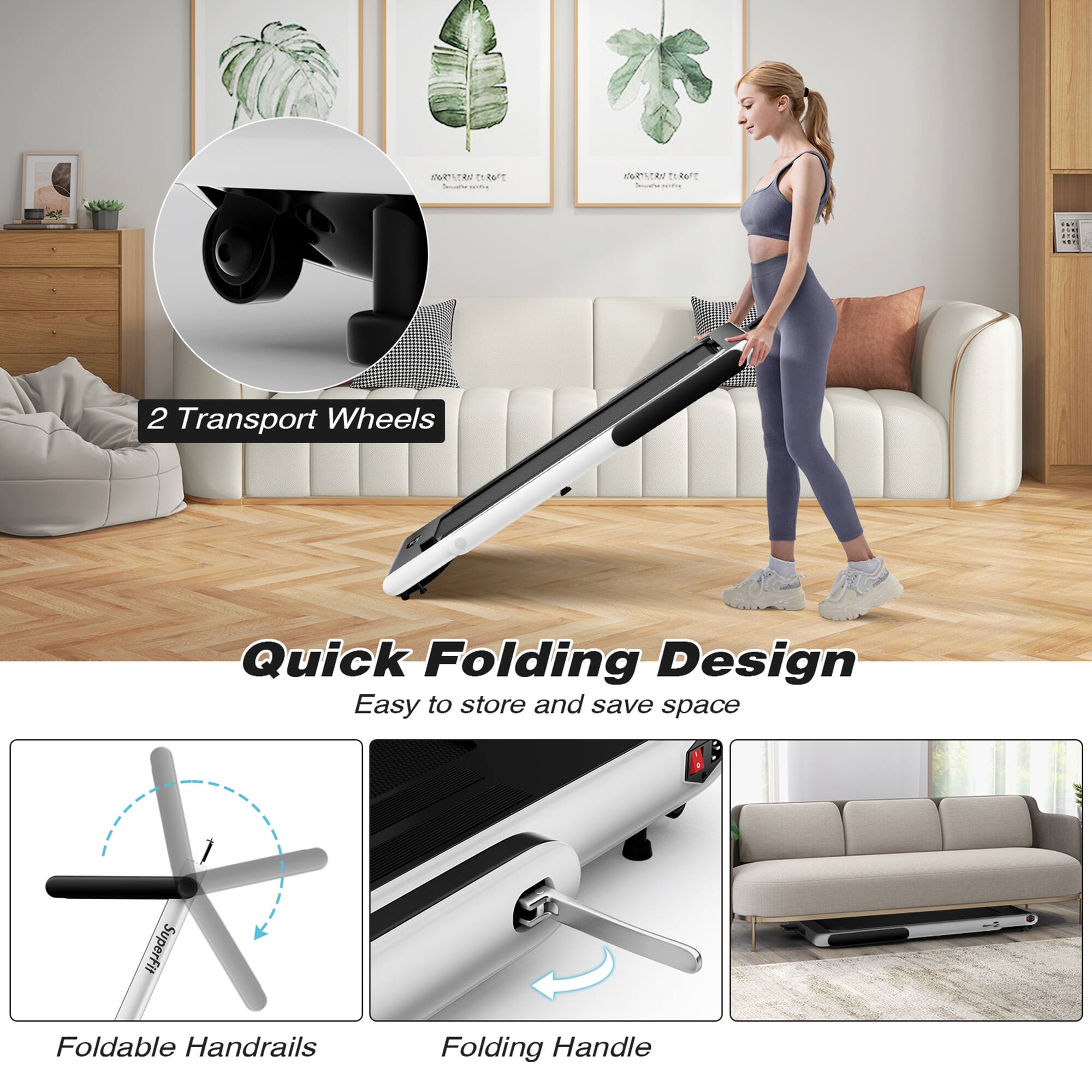 2 Transport Wheels

Quick Folding Design
Easy to store and save space

Foldable Handrails

Folding Handle