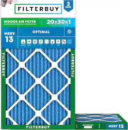 Filterbuy - 20x30x1 MERV 13 Smoke & Allergy Defense, Electrostatic Pleated HVAC AC Furnace Air Filters Replacement (2-Pack) - Blue
