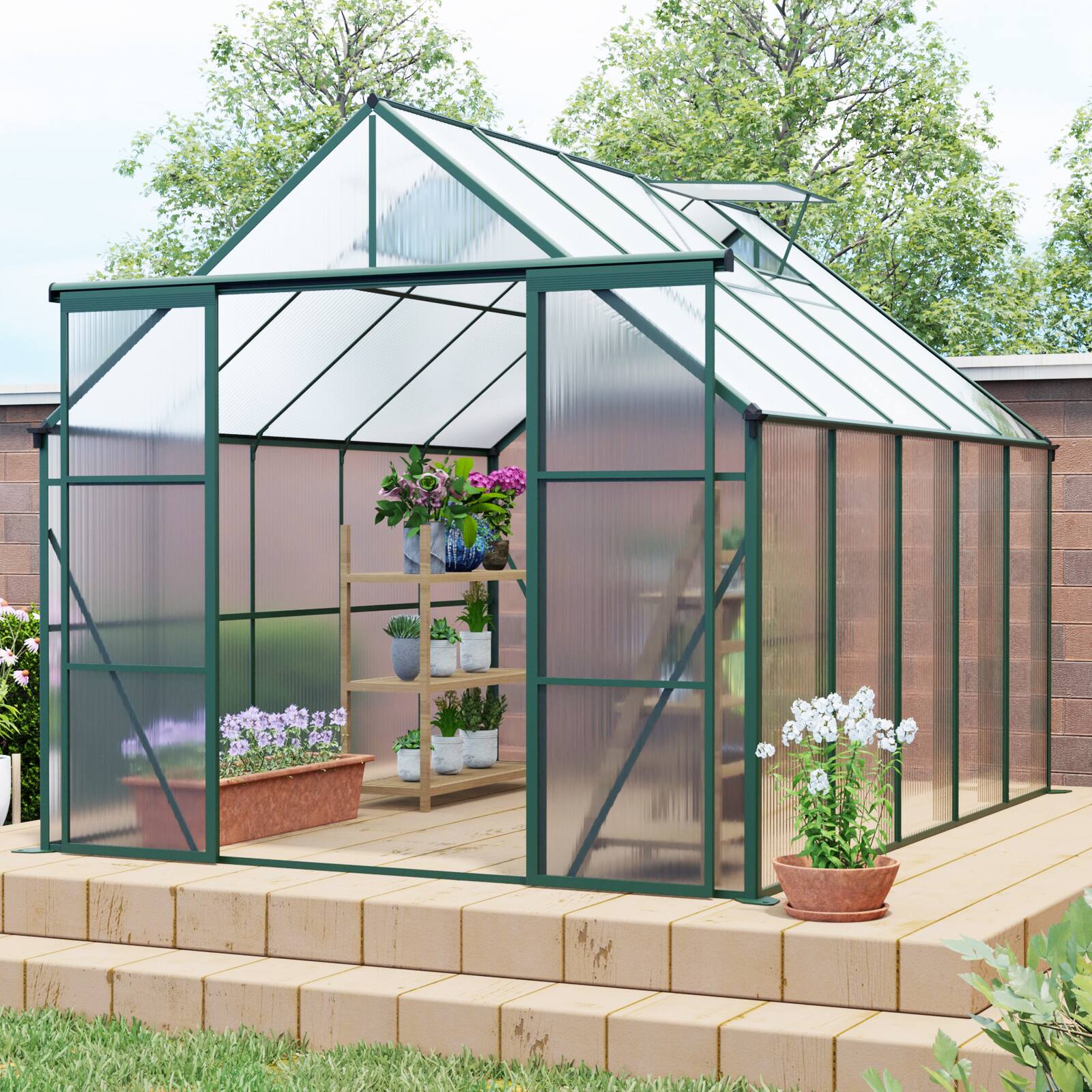 Left. Mondawe - 8x10FT Double Door Polycarbonate Greenhouse - Green.