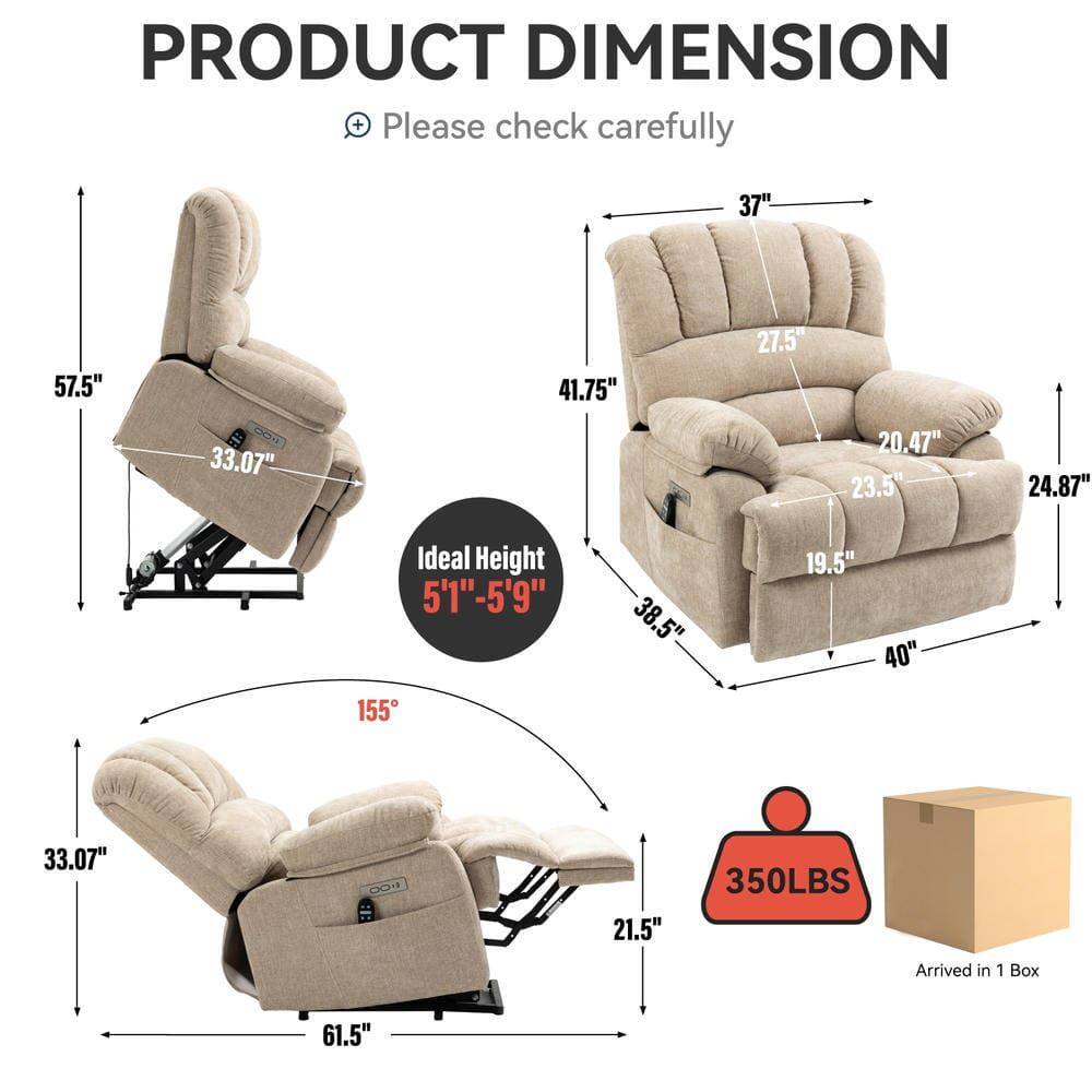 **PRODUCT DIMENSION**

+ Please check carefully

- **Height:** 57.5"
- **Width:** 37"
- **Depth:** 41.75"
- **Seat Height:** 27.5"
- **Seat Depth:** 23.5"
- **Armrest Height:** 20.47"
- **Back Height:** 33.07"
- **Reclined Height:** 33.07"
- **Reclined Depth:** 61.5"
- **Reclined Width:** 33.07"
- **Reclined Angle:** 155°
- **Ideal Height:** 5'1" - 5'9"
- **Weight Capacity:** 350LBS
- **Arrived in 1 Box**

- **Armrest Width:** 24.87"
- **Armrest Depth:** 19.5"
- **Seat Width:** 38.5"
- **Seat Depth:** 40"
- **Reclined Height:** 21.5"