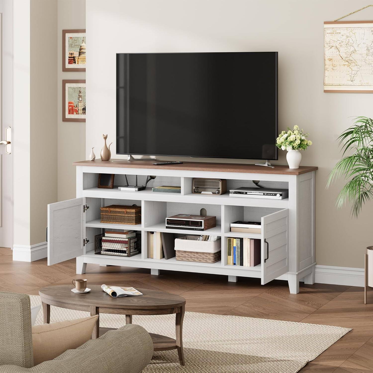 Alt View 2. Homhougo - TV Stand for 63-Inch TV, White Farmhouse Entertainment Center with Adjustable Shelves & Doors - White.
