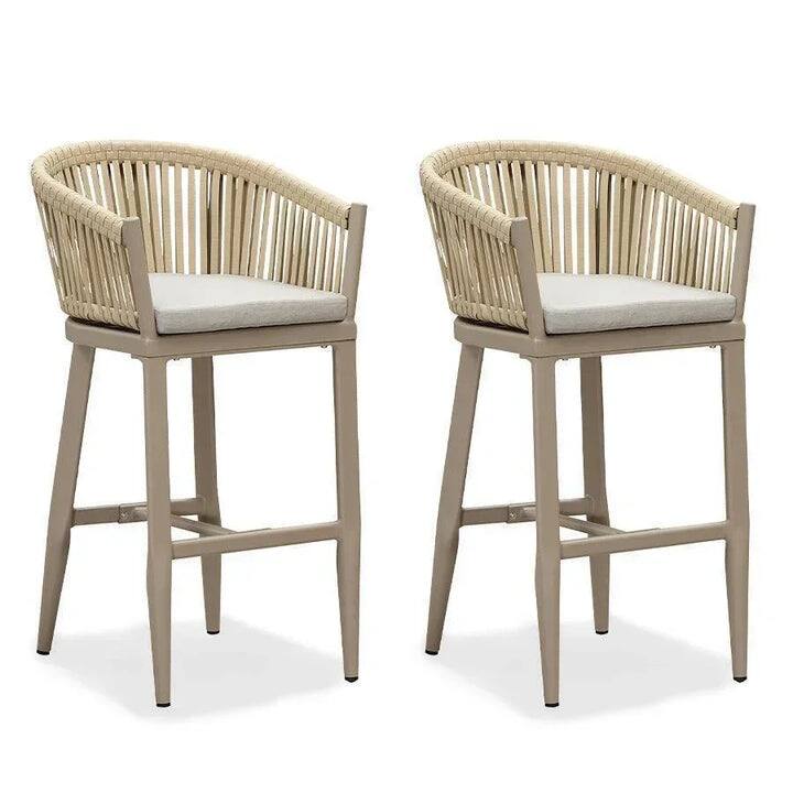 PURPLE LEAF - Outdoor Counter/Bar Height Stools Set of 2 Rattan Wicker Bar Chairs Woven Aluminum Barstools with Back and Cushions - Champagne-Bar Stool