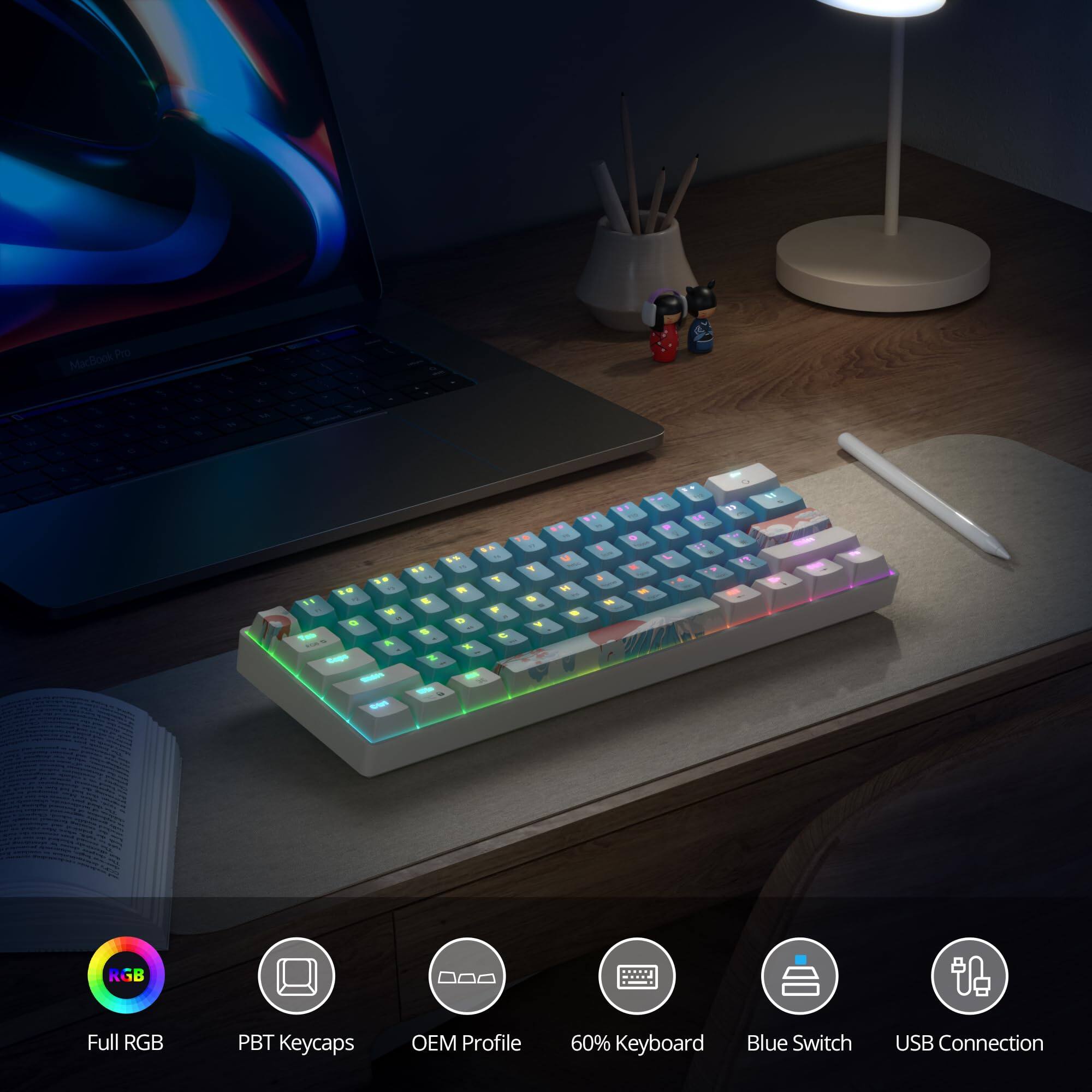 - Full RGB
- PBT Keycaps
- OEM Profile
- 60% Keyboard
- Blue Switch
- USB Connection