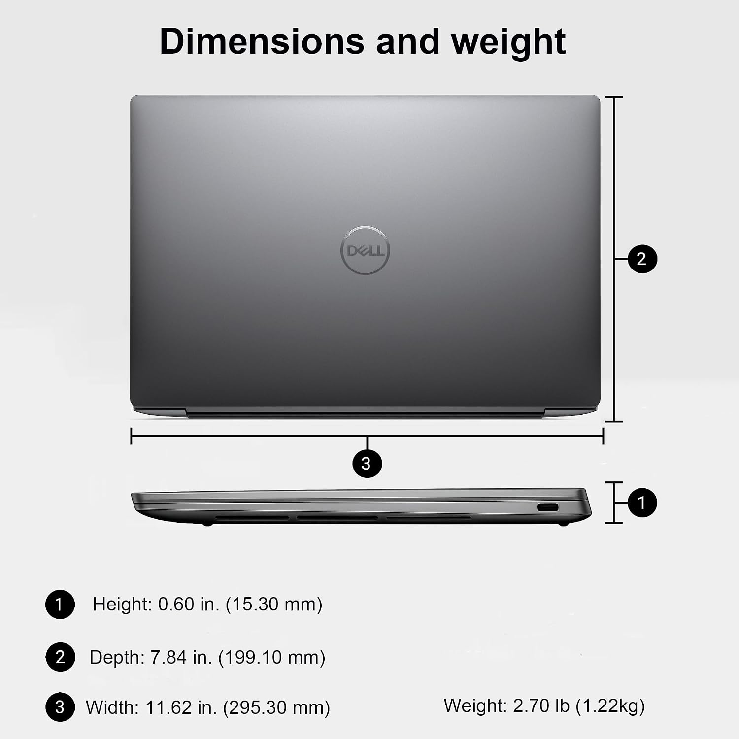 Dimensions and weight

1. Height: 0.60 in. (15.30 mm)
2. Depth: 7.84 in. (199.10 mm)
3. Width: 11.62 in. (295.30 mm)
Weight: 2.70 lb (1.22kg)