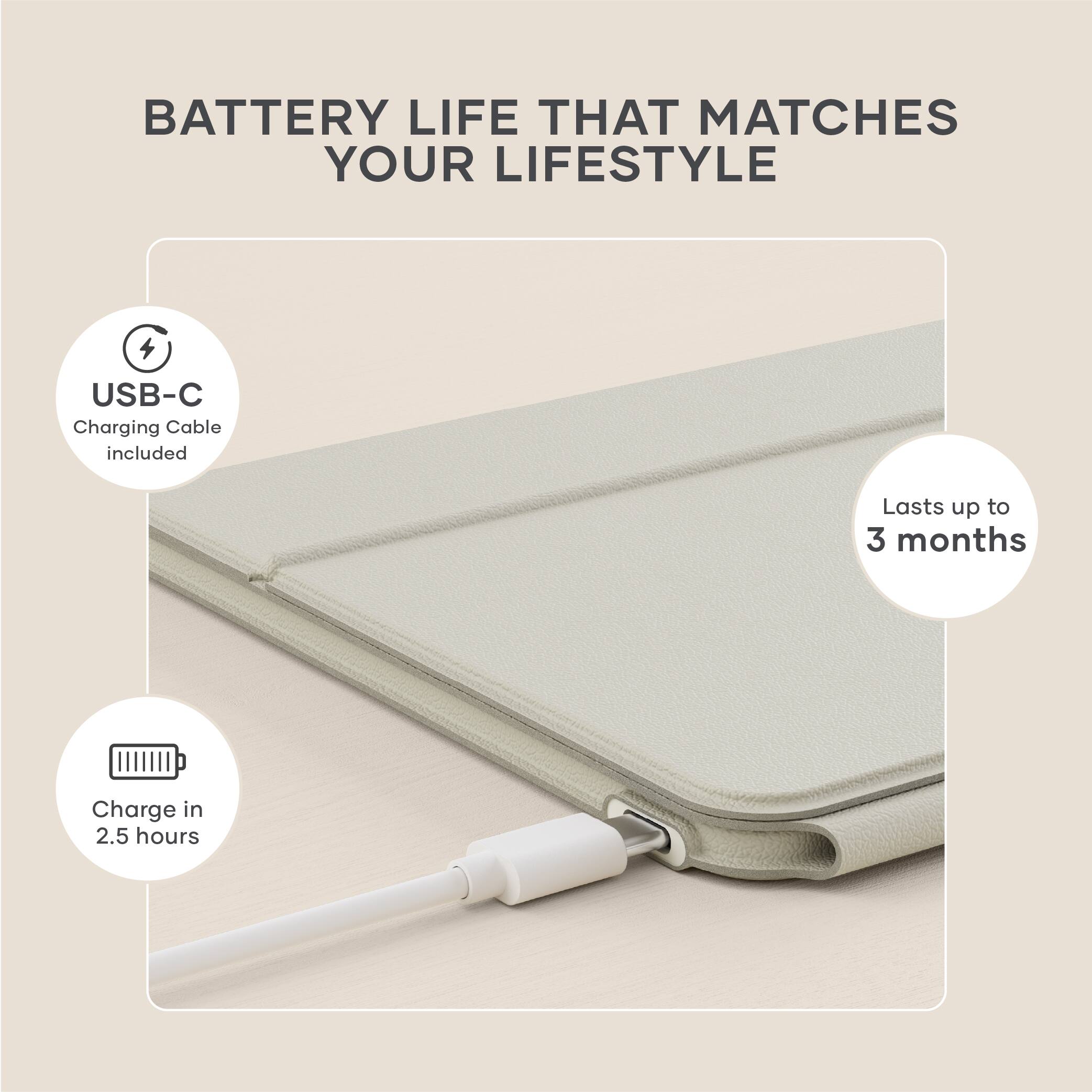 BATTERY LIFE THAT MATCHES YOUR LIFESTYLE

- USB-C Charging Cable included
- Lasts up to 3 months
- Charge in 2.5 hours