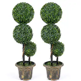 Costway - 2 PCS 3 FT Artificial Boxwood Topiary Tree, Sun-Protective Triple Ball Shrubs - Green, Black, Golden