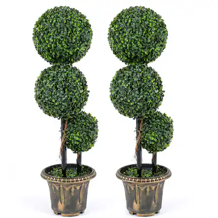 Front. Costway - Costway 2 PCS 3 FT Artificial Boxwood Topiary Tree, Sun-Protective Triple Ball Shrubs - Green, Black, Golden.
