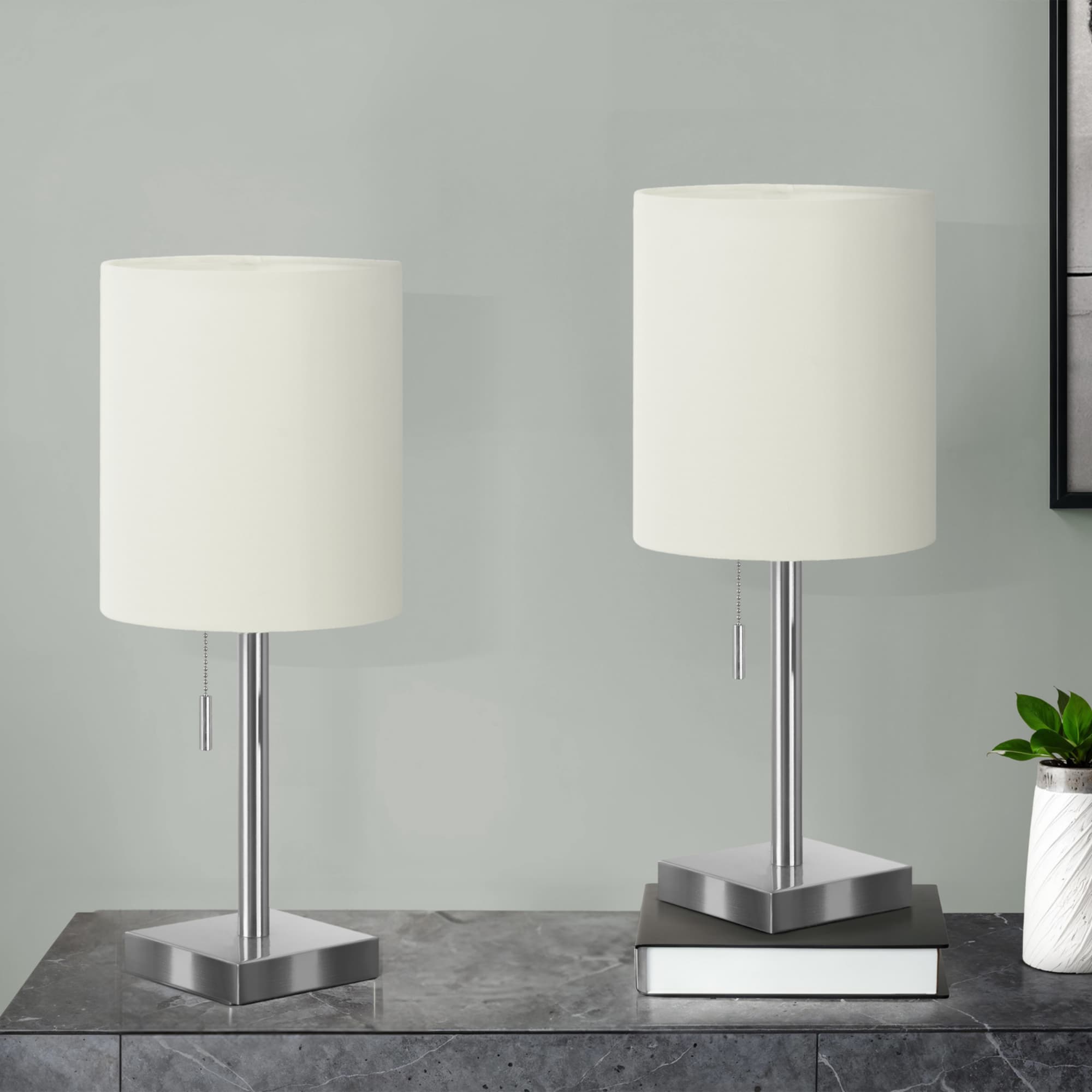 Left. Luckbyte - 2 Pack 17 Inch Nickel Metal Table Lamp USB Port Ivory Shade Contemporary Lighting.