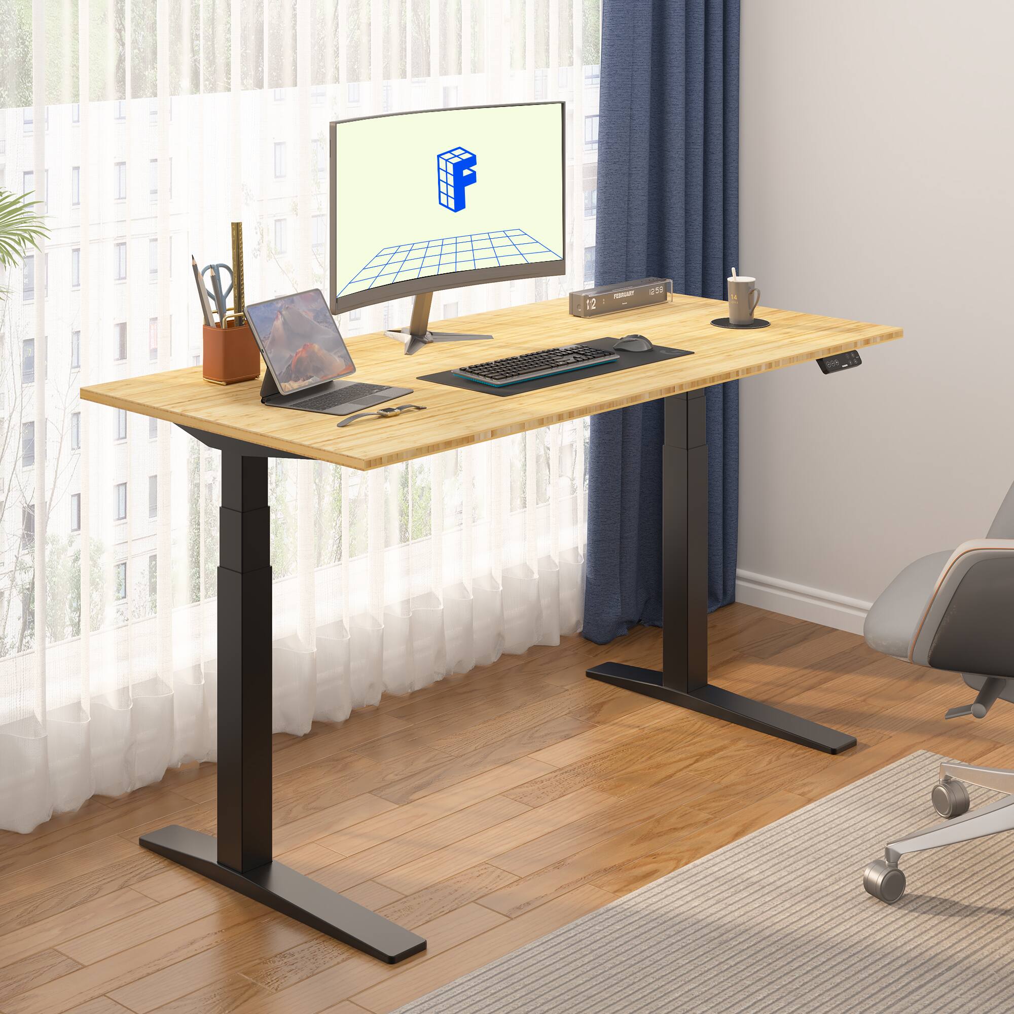Alt View 4. FlexiSpot - FlexiSpot E7Pro 60''W Electric Adjustable Standing Desk, Bamboo/Black - Bamboo.