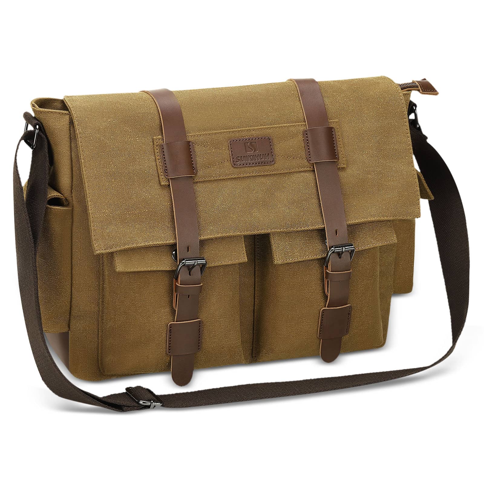 Unique Bargains - Canvas Crossbody Bag for Men and Women, Vintage Shoulder Bag, Multiple Pockets, Fits 13" Laptops - Coffee