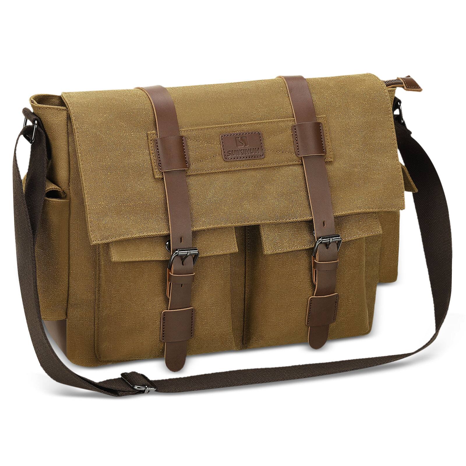 Front. Unique Bargains - Canvas Crossbody Bag for Men and Women, Vintage Shoulder Bag, Multiple Pockets, Fits 13" Laptops - Coffee.