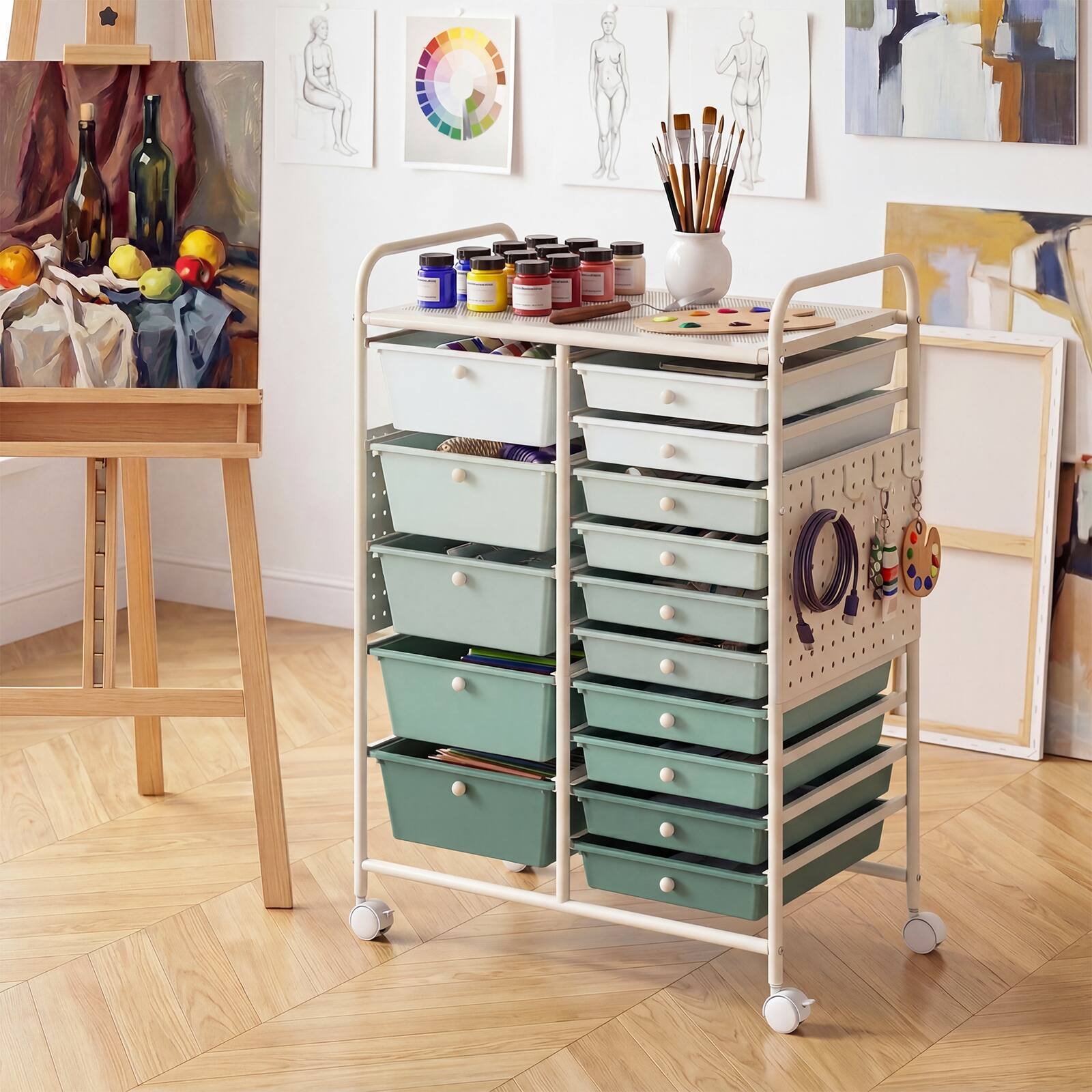 Alt View 1. Costway - Costway 15-Drawer Rolling Cart with Pegboard, 2 Locking Brakes, Metal Frame for Home - Gradient Green+White.