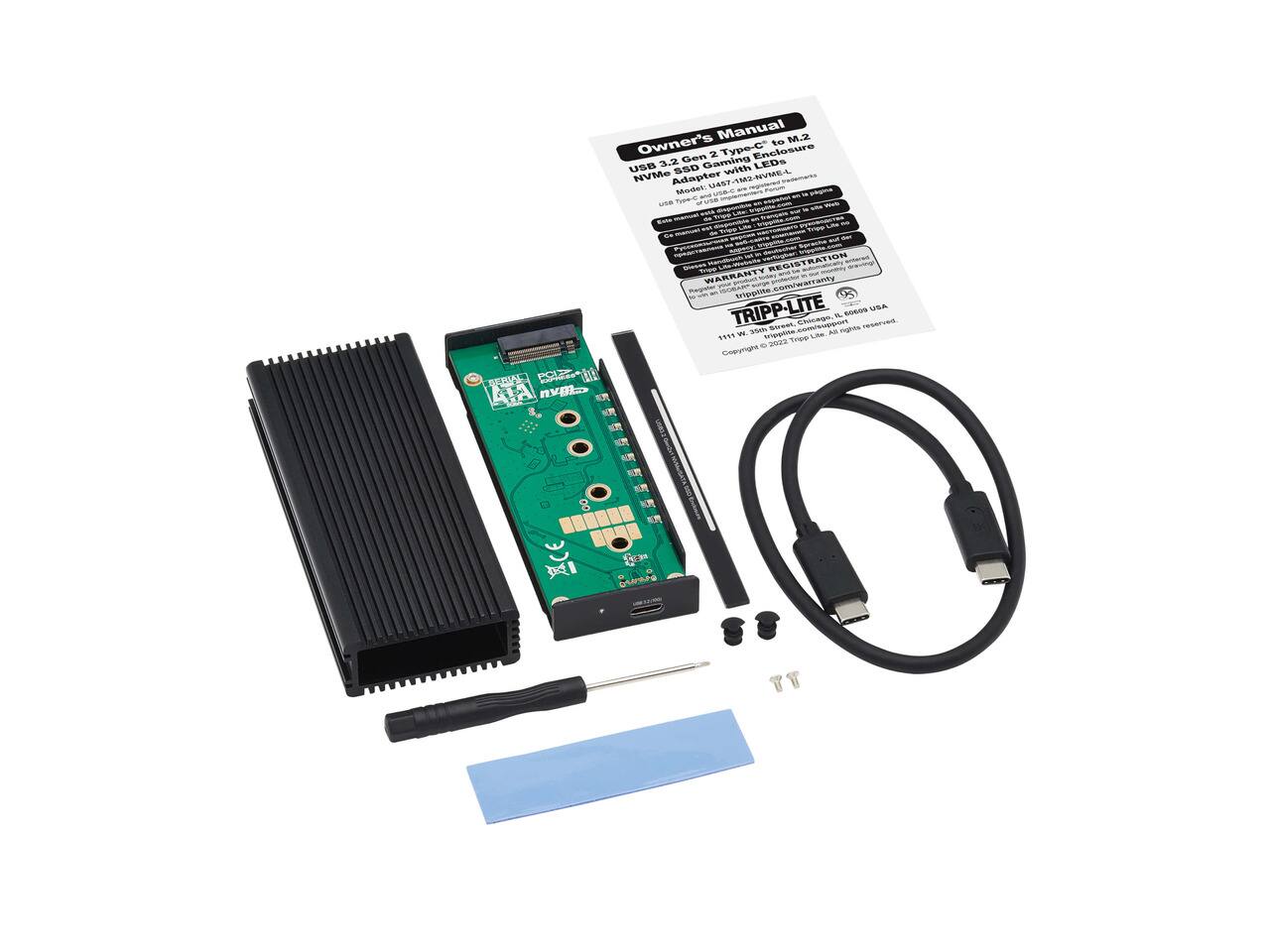 Manual M.2 Owner's to 2 Type-C Enclosure 3.2 Gen Gaming USB SSD with LEDS NVMe Adapter -1M2-NVME-L 0467 Model: MANDA UNB Type-O

AIA
REI
Stile -
externe REGISTRATION WARRANTY com/warranty tripplite TRIPP-LITE SSASS USA a Street, comisuppon Chicago, messages. W 35mg tropplite, - noghle 1111 Thoo SIND 2022 Copyright