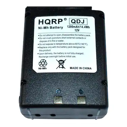 HQRP QDJ Ni-Mh Battery 1200mAh/14.4Wh 12V
Do not attempt to open, disassemble the battery pack. Do not crush, puncture, short external contacts or dispose of in fire or water. Do not expose to temperature above 60°C (140°F). Replace only with the battery pack designed for this product. Upon delivery, the battery is not fully charged. Recharge overnight before initial use.
NI-Mh MADE IN CHINA