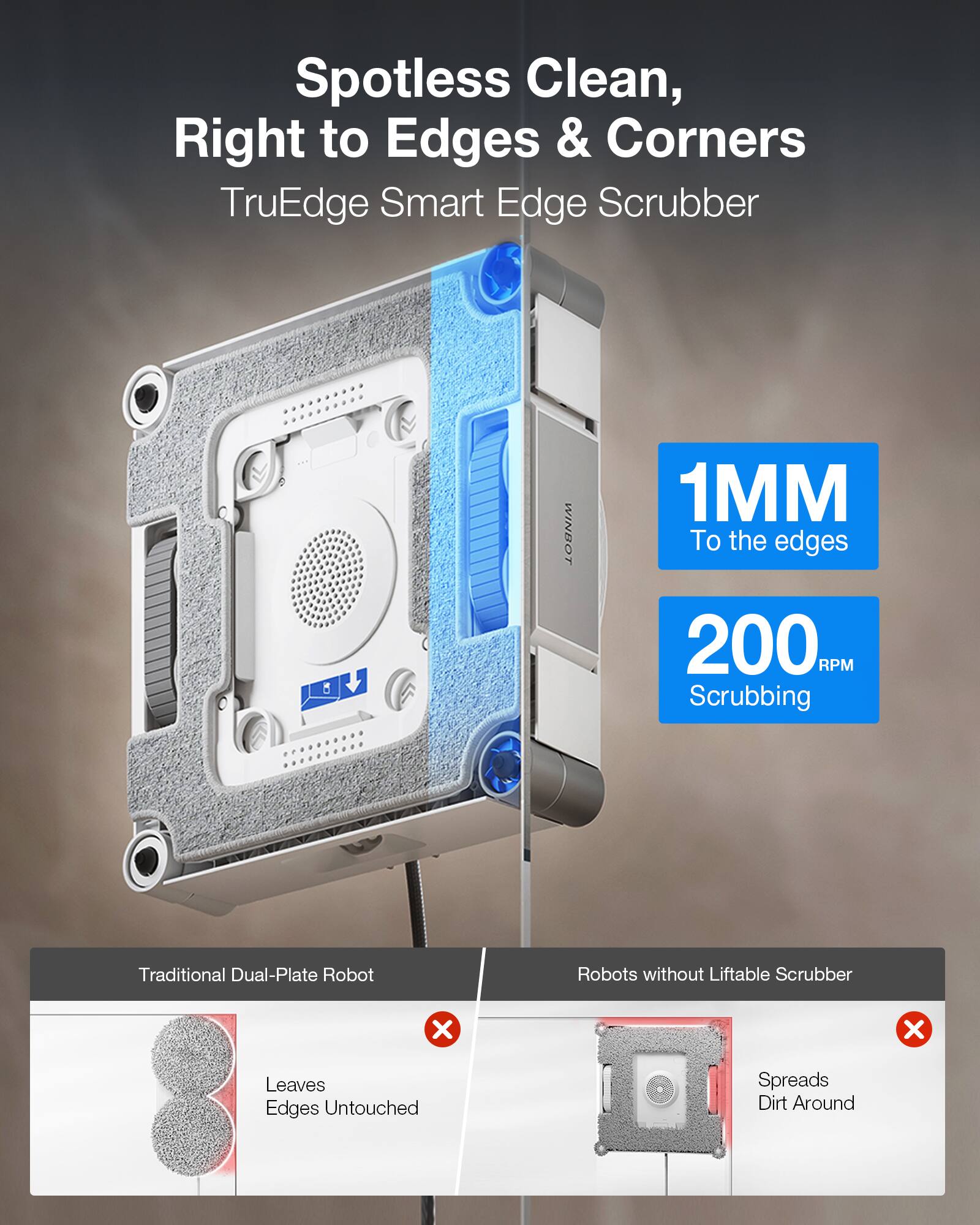 Spotless Clean, Right to Edges & Corners  
TruEdge Smart Edge Scrubber  

1MM To the edges  
200 RPM Scrubbing  

Traditional Dual-Plate Robot  
Leaves Edges Untouched  

Robots without Liftable Scrubber  
Spreads Dirt Around