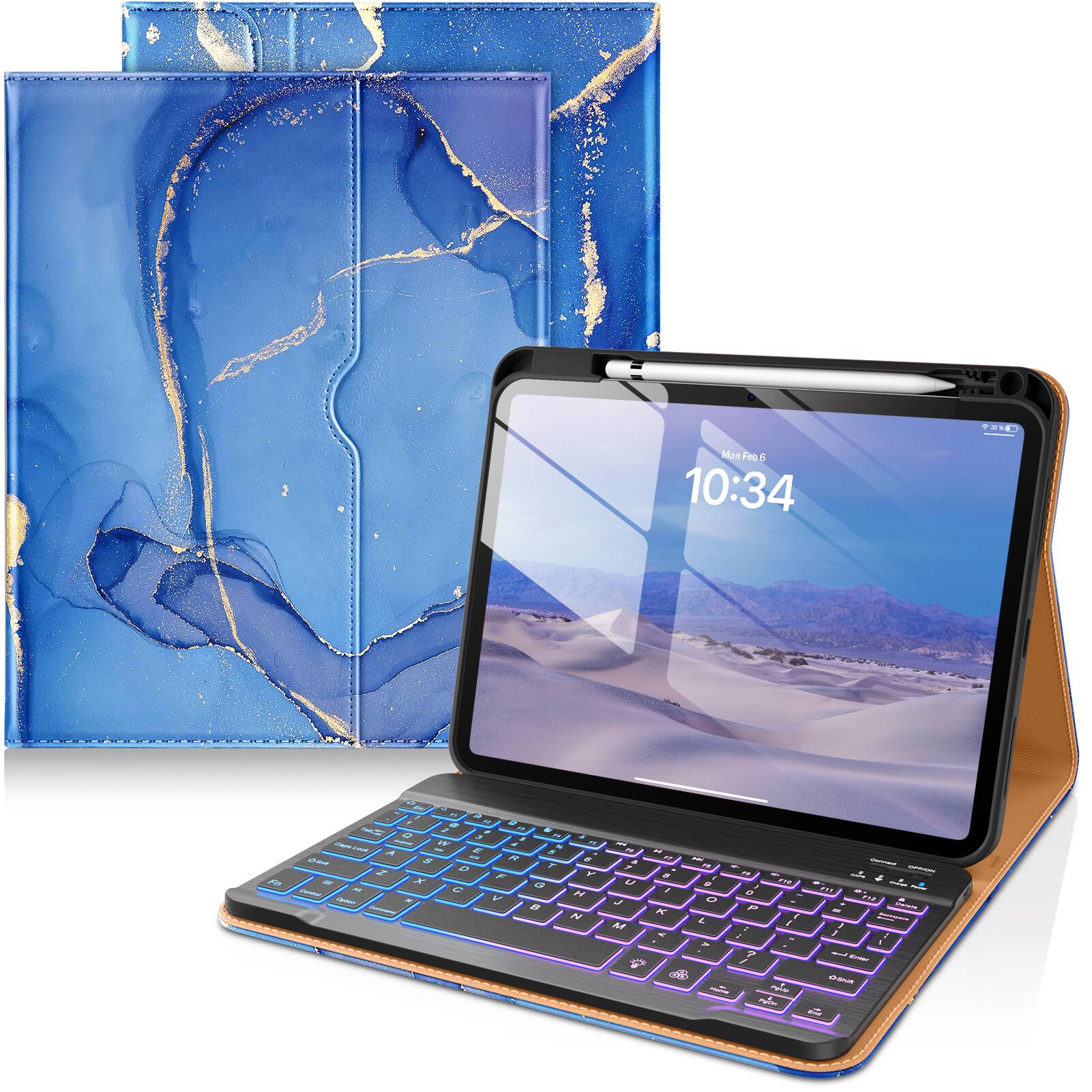 DTTO - Detachable Backlit Keyboard Case for iPad 11th/10th Gen (2025/2022) - Leather Cover w/ Pencil Holder & Pocket - Sea Marble