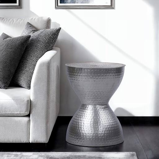 Alt View 9. Manhattan Lane - Industrial Style Hammered Texture Iron Stool with Hourglass Shaped Body - Silver.