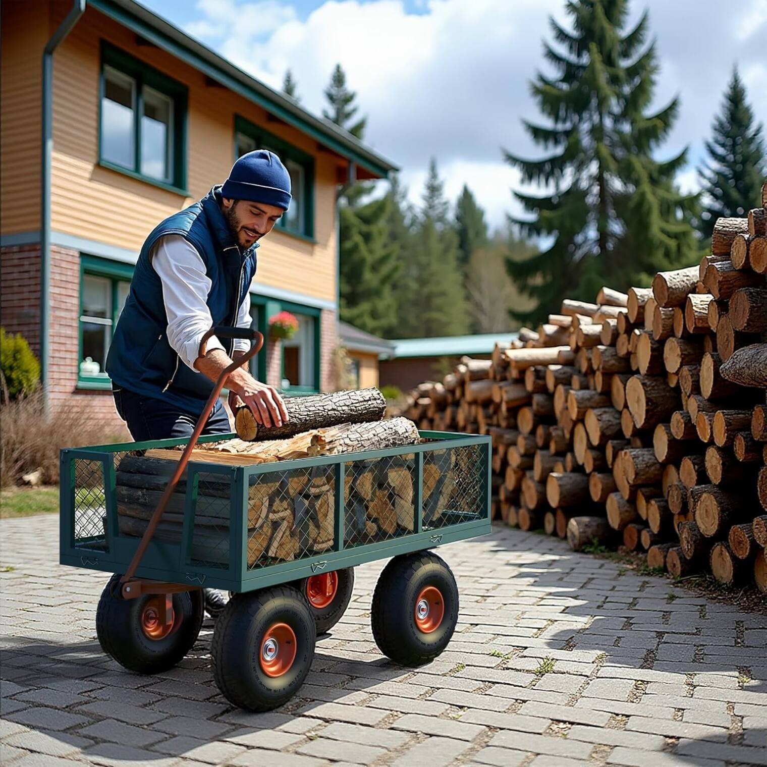 Angle. GARVEE - 900Lbs Heavy Duty Garden Cart, Utility Wagon with All-Terrain Tires - Green and Orange.
